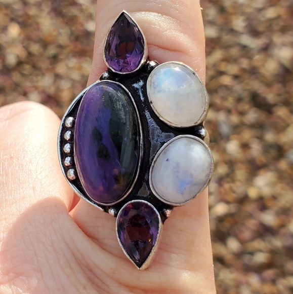 New Charoite, Rainbow Moonstone, and Amethyst 925 Silver Ring. - Picture 8 of 16
